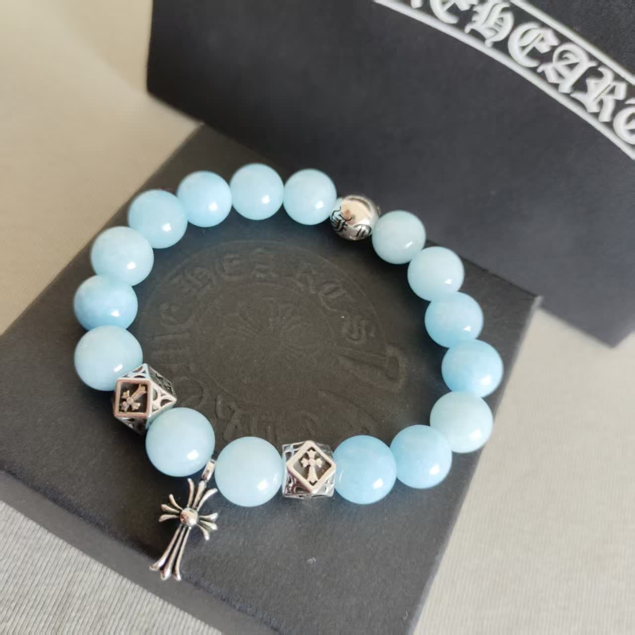 Chrome Hearts Chromecards Blue Beaded Bracelet with Cross Charm
